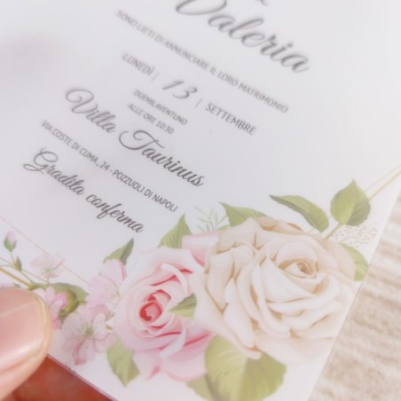 Invito matrimonio fiori rosa e cornice effetto oro in pvc riciclato Sposi