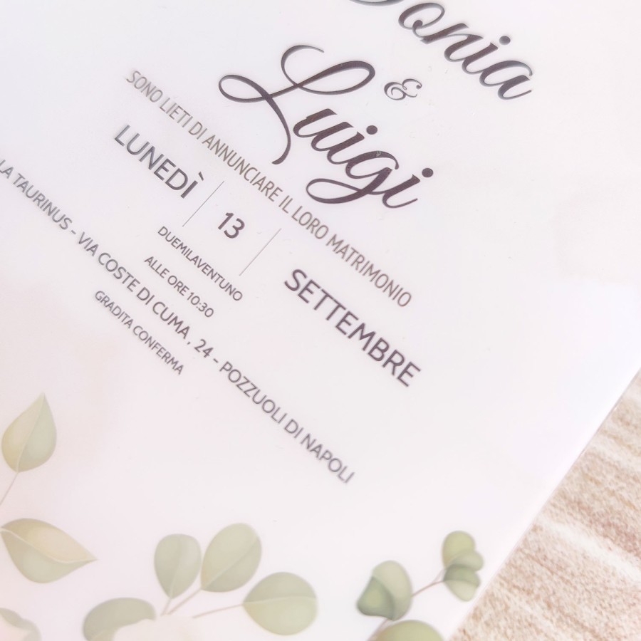 Partecipazione matrimonio peonie gialle e fondo watercolor in pvc riciclato Sposi