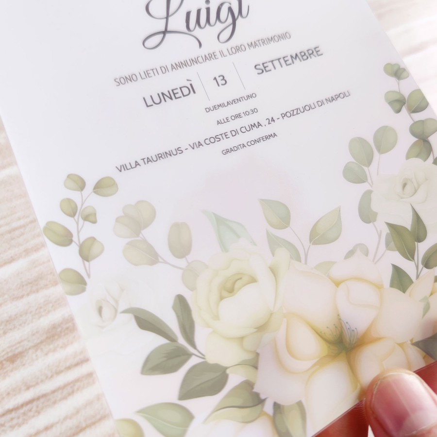 Partecipazione matrimonio peonie gialle e fondo watercolor in pvc riciclato Sposi