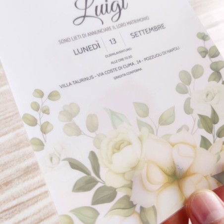 Partecipazione matrimonio peonie gialle e fondo watercolor in pvc riciclato Sposi