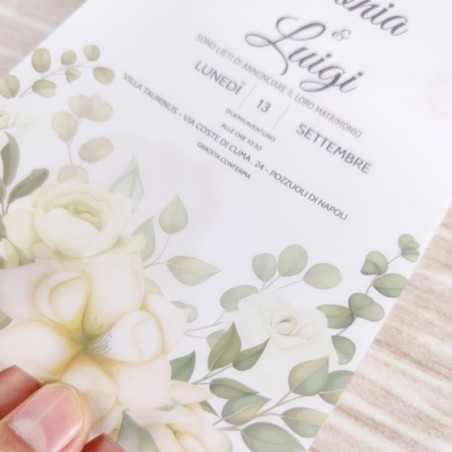 Partecipazione matrimonio peonie gialle e fondo watercolor in pvc riciclato Sposi