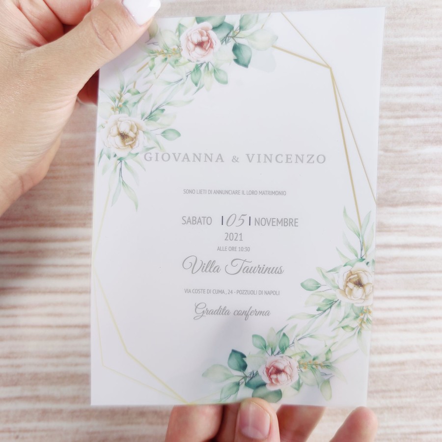 Invito matrimonio rose gialle e rosso chiaro con poligoni effetto oro in pvc riciclato Sposi