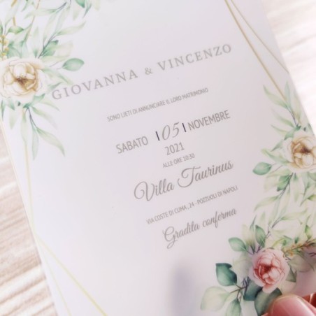 Invito matrimonio rose gialle e rosso chiaro con poligoni effetto oro in pvc riciclato Sposi