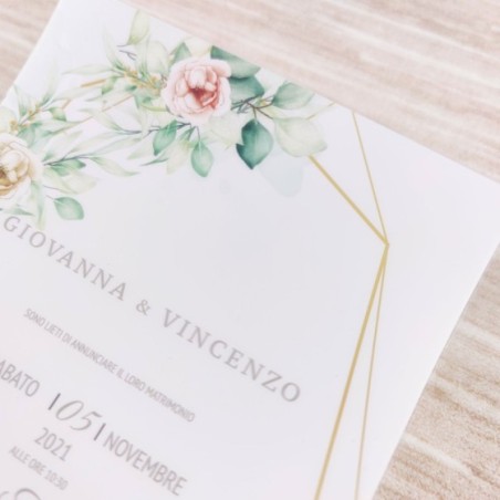 Invito matrimonio rose gialle e rosso chiaro con poligoni effetto oro in pvc riciclato Sposi