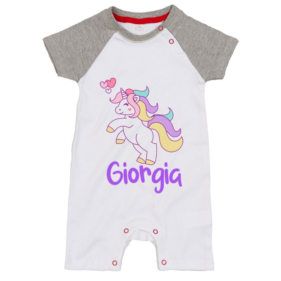 Pagliaccetto neonato personalizzato con nome unicorno con cuoricini Unicorni