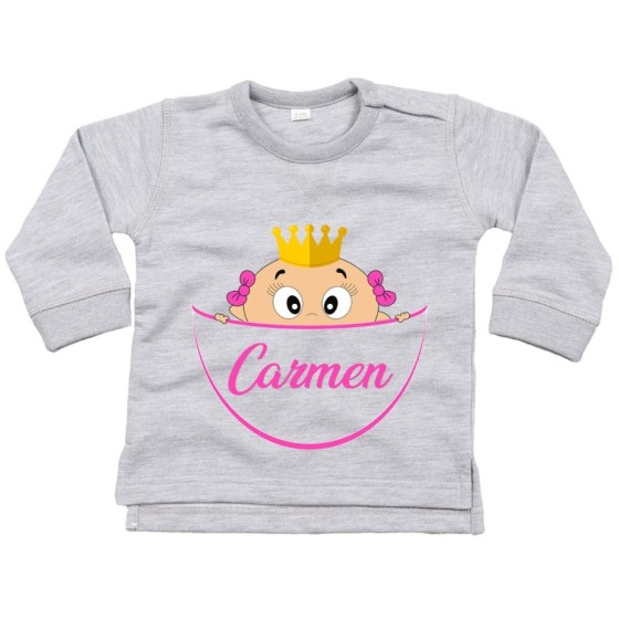 Felpa neonato personalizzata con nome bimbo bimba con la corona esce dalla tasca Divertenti