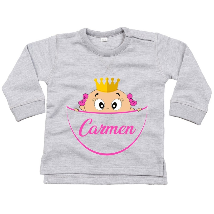Felpa neonato personalizzata con nome bimbo bimba con la corona esce dalla tasca Divertenti