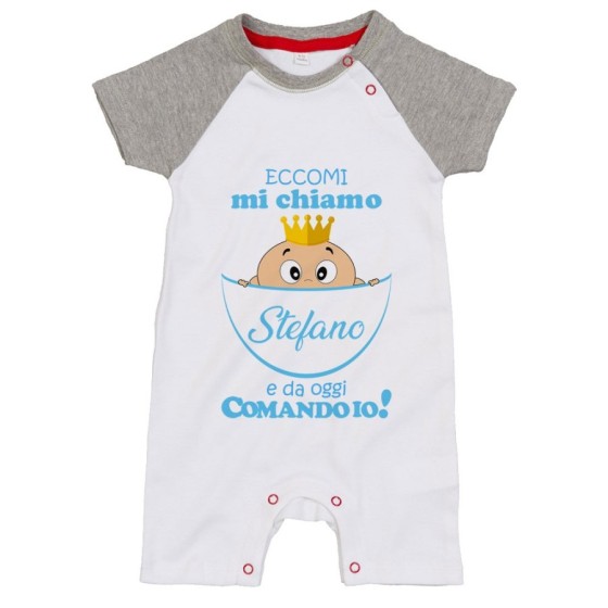 Pagliaccetto neonato personalizzato con nome eccomi da oggi comando io Divertenti