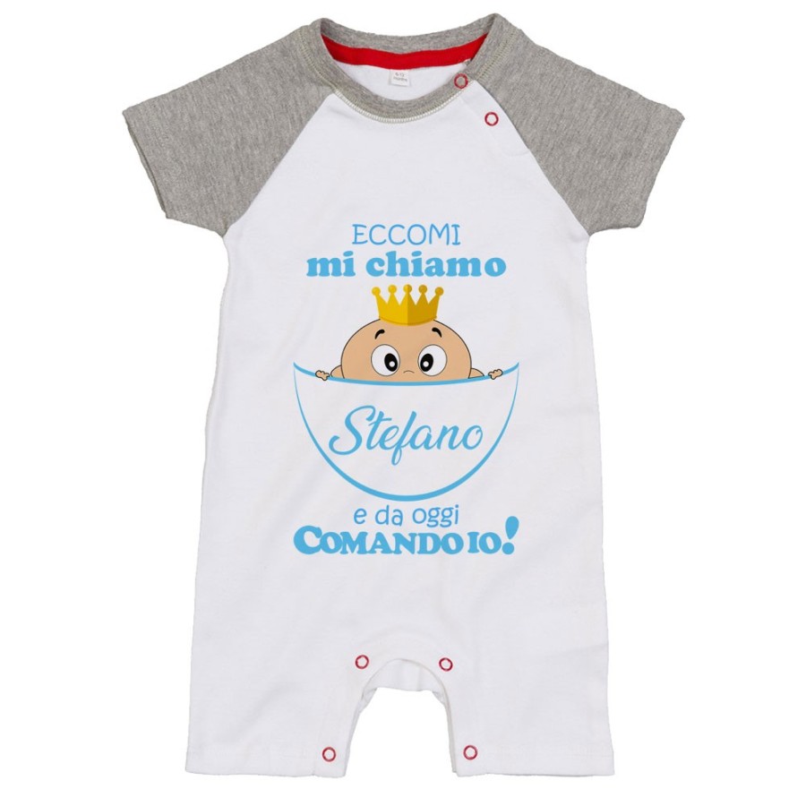 Pagliaccetto neonato personalizzato con nome eccomi da oggi comando io Divertenti