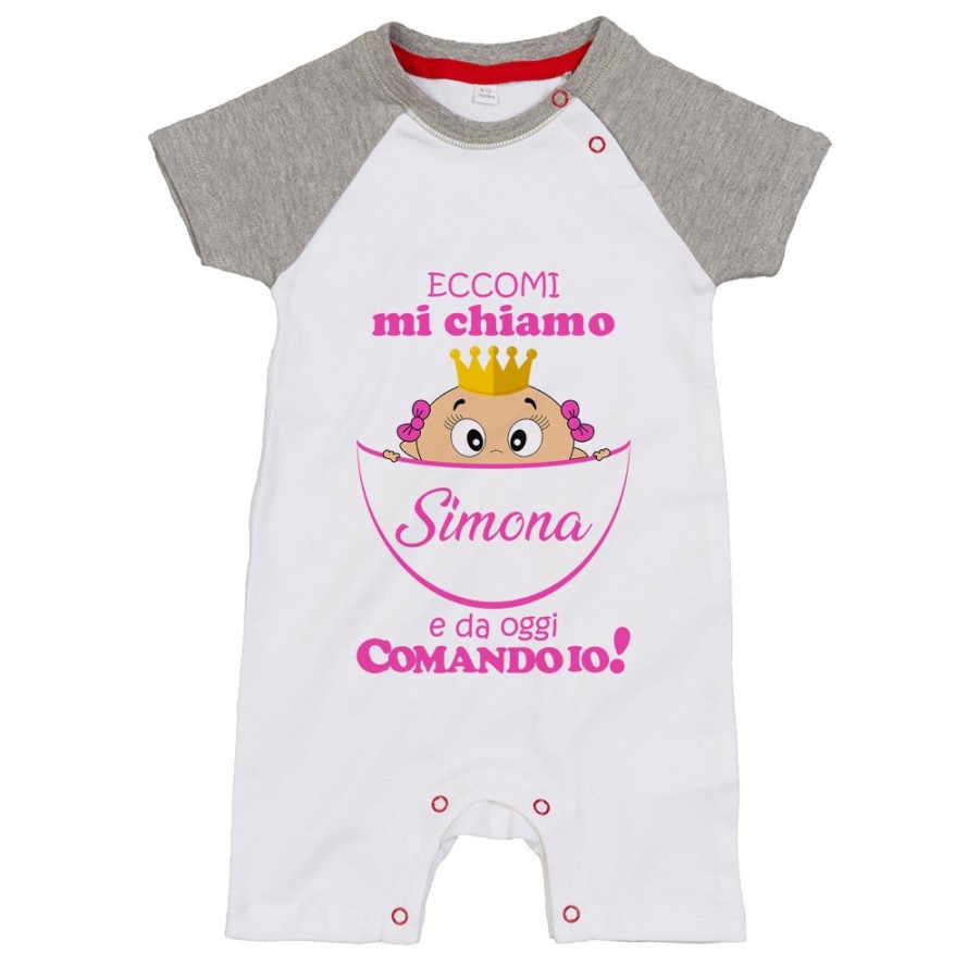 Pagliaccetto neonato personalizzato con nome eccomi da oggi comando io Divertenti