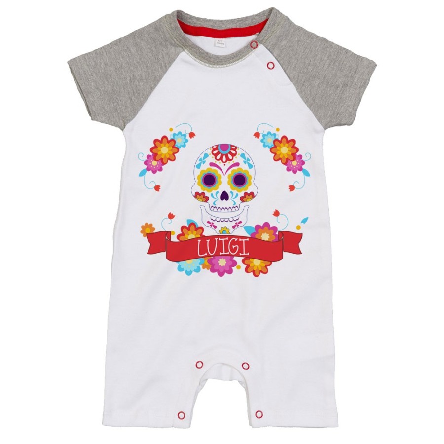 Pagliaccetto neonato personalizzato con nome flower skull Divertenti