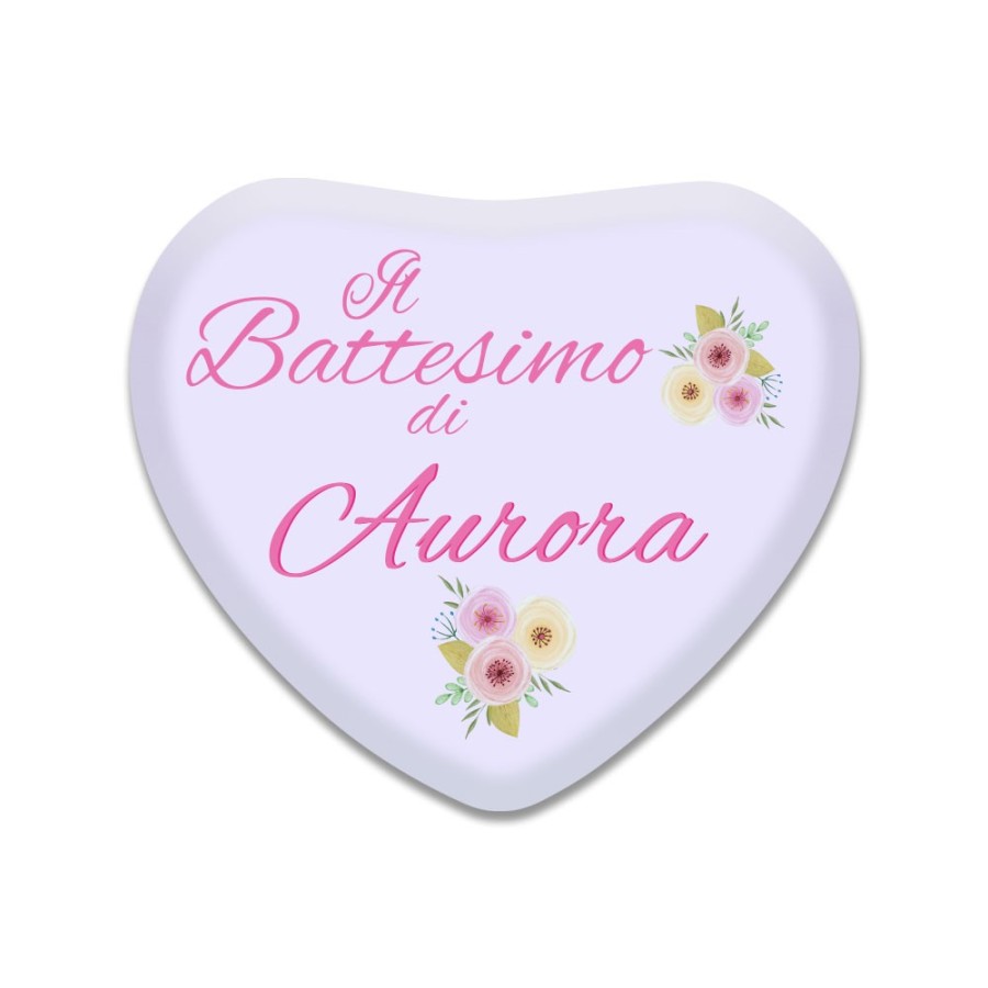 Calamita personalizzata con nome il battesimo di con fiori rosa e gialli in vetro bombato Battesimo