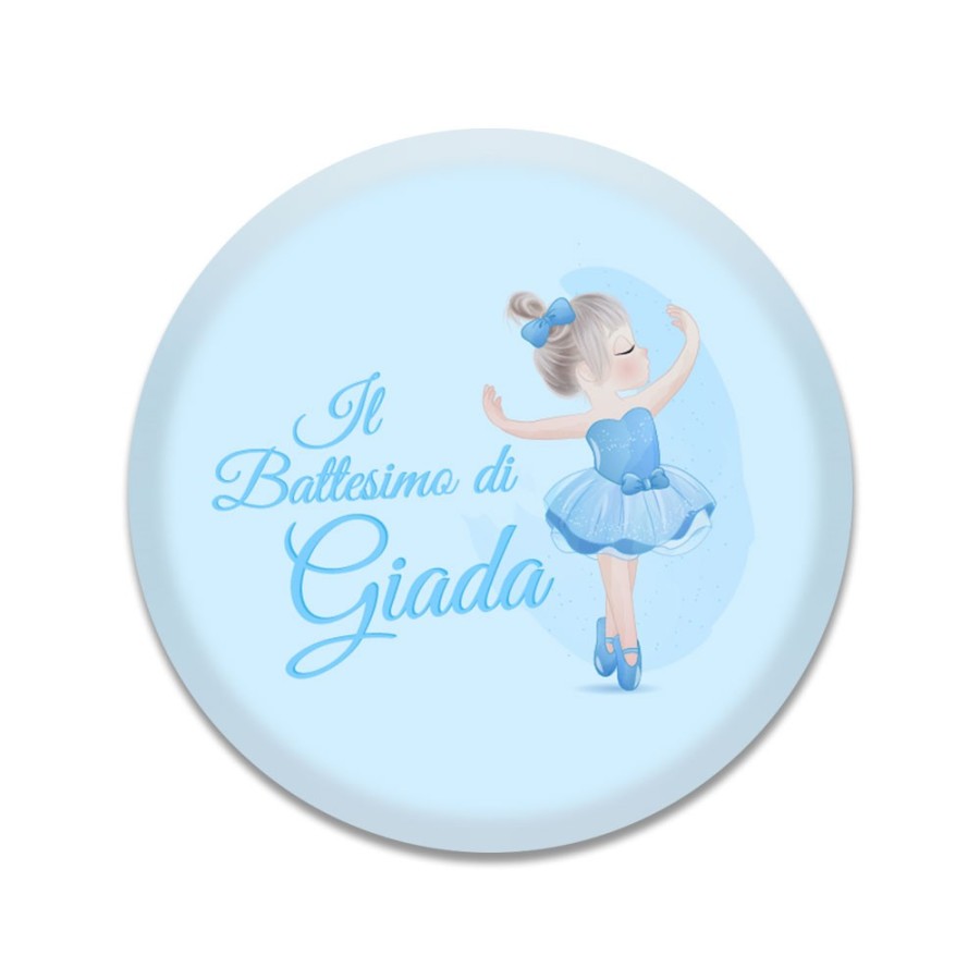 Calamita personalizzata con nome il battesimo di a tema ballerina azzurra in vetro bombato Battesimo