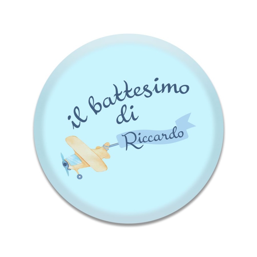 Calamita personalizzata con nome il mio battesimo a tema aereoplanino in vetro bombato Battesimo