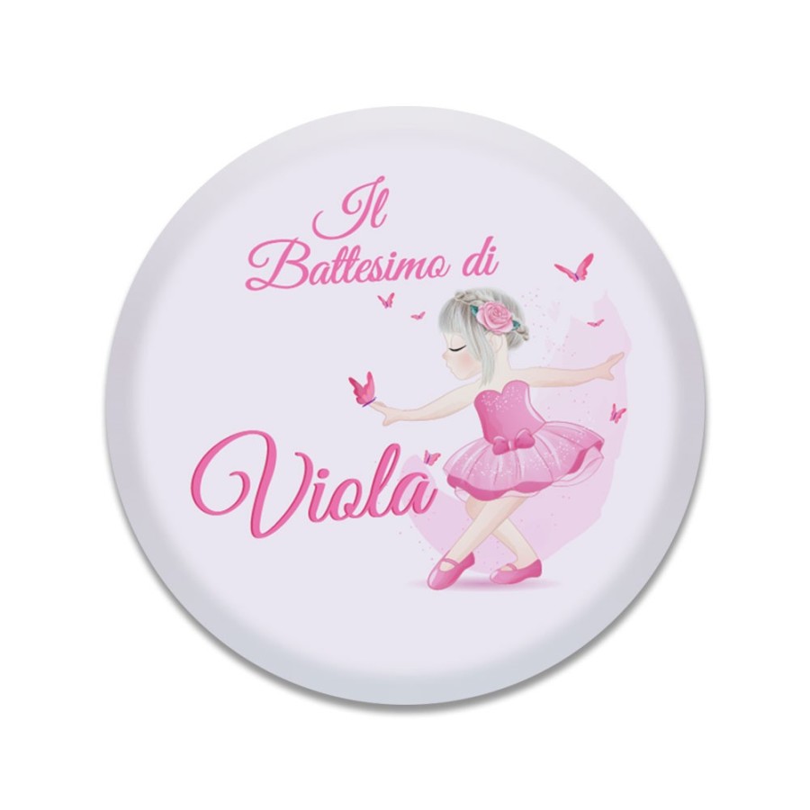 Calamita personalizzata con nome il battesimo di a tema ballerina rosa in vetro bombato Battesimo