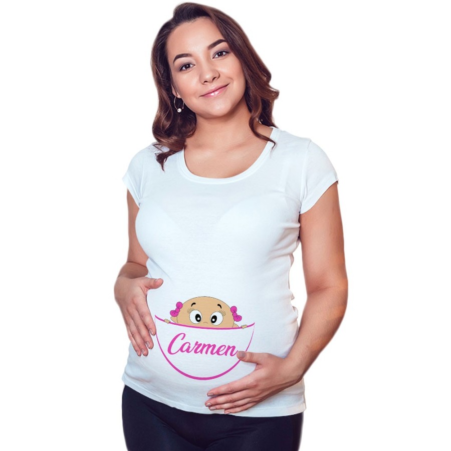 Maglia premaman personalizzata con nome bimbo che esce dalla tasca Divertenti