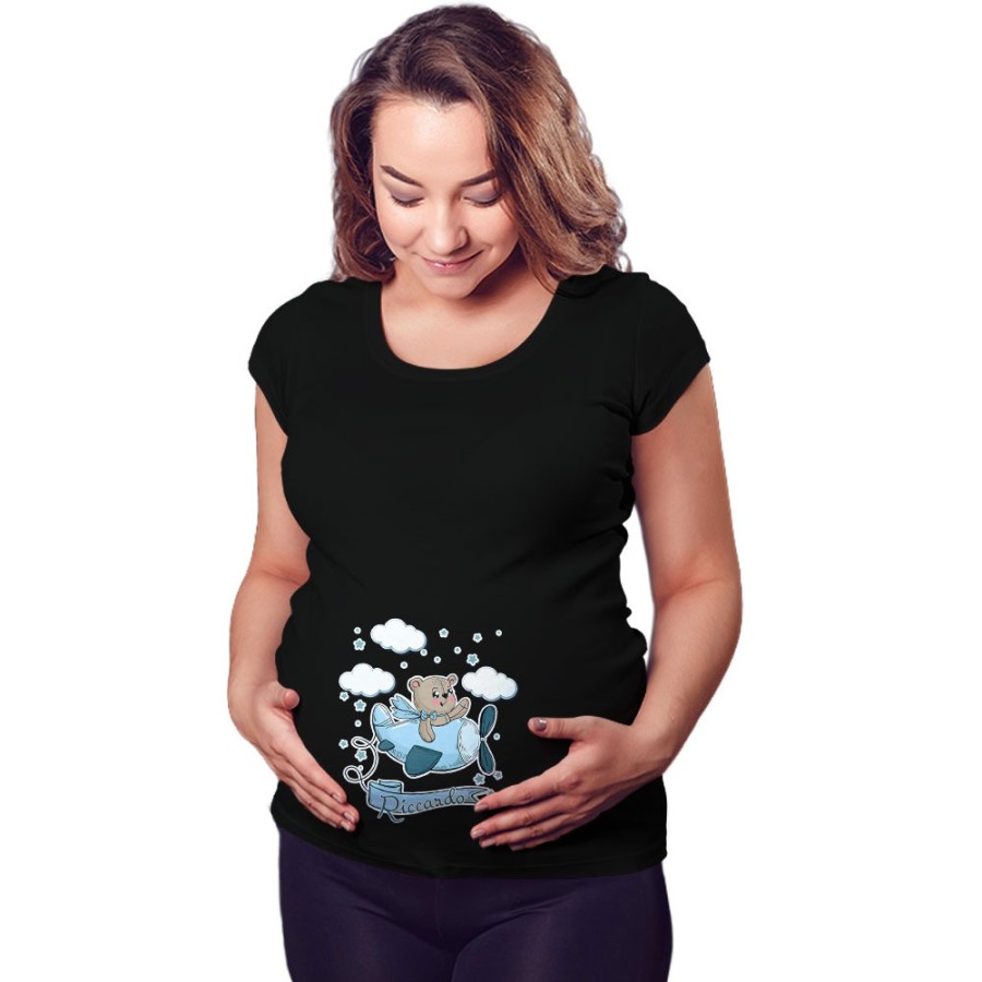 Maglia premaman personalizzata con nome orsetto sull'aereo Divertenti