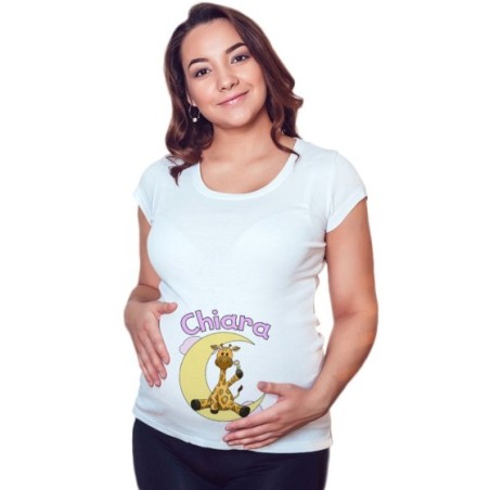 Maglia premaman personalizzata con nome giraffa sulla luna Divertenti