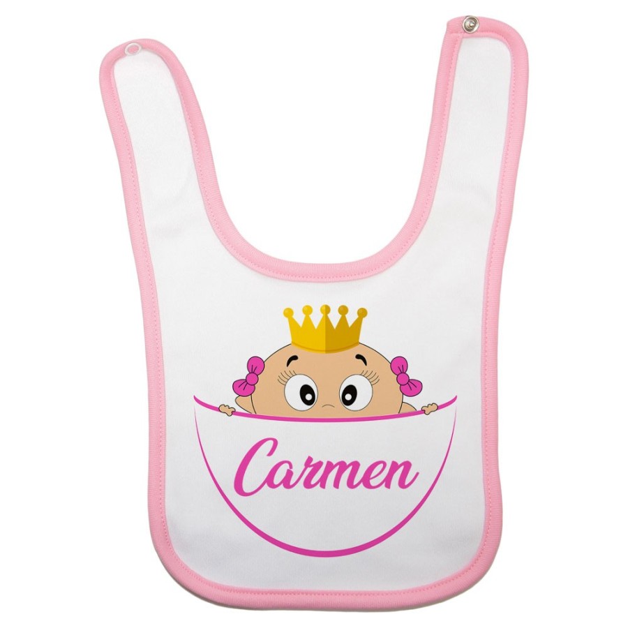 Bavaglino neonato personalizzato con nome bimbo bimba con la corona esce dalla tasca Divertenti