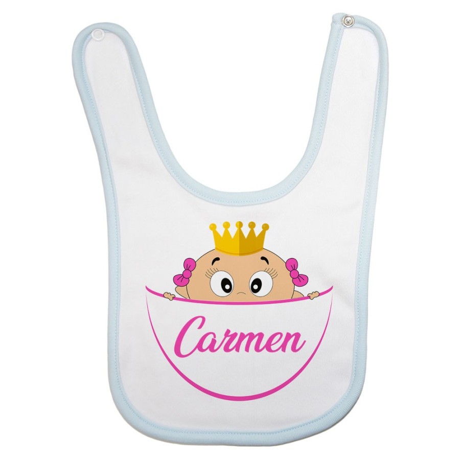 Bavaglino neonato personalizzato con nome bimbo bimba con la corona esce dalla tasca Divertenti