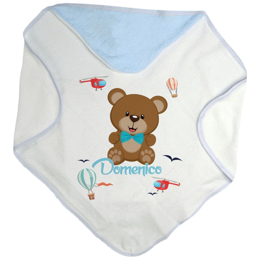 Accappatoio neonato personalizzato con nome orsetto e mongolfiere Divertenti