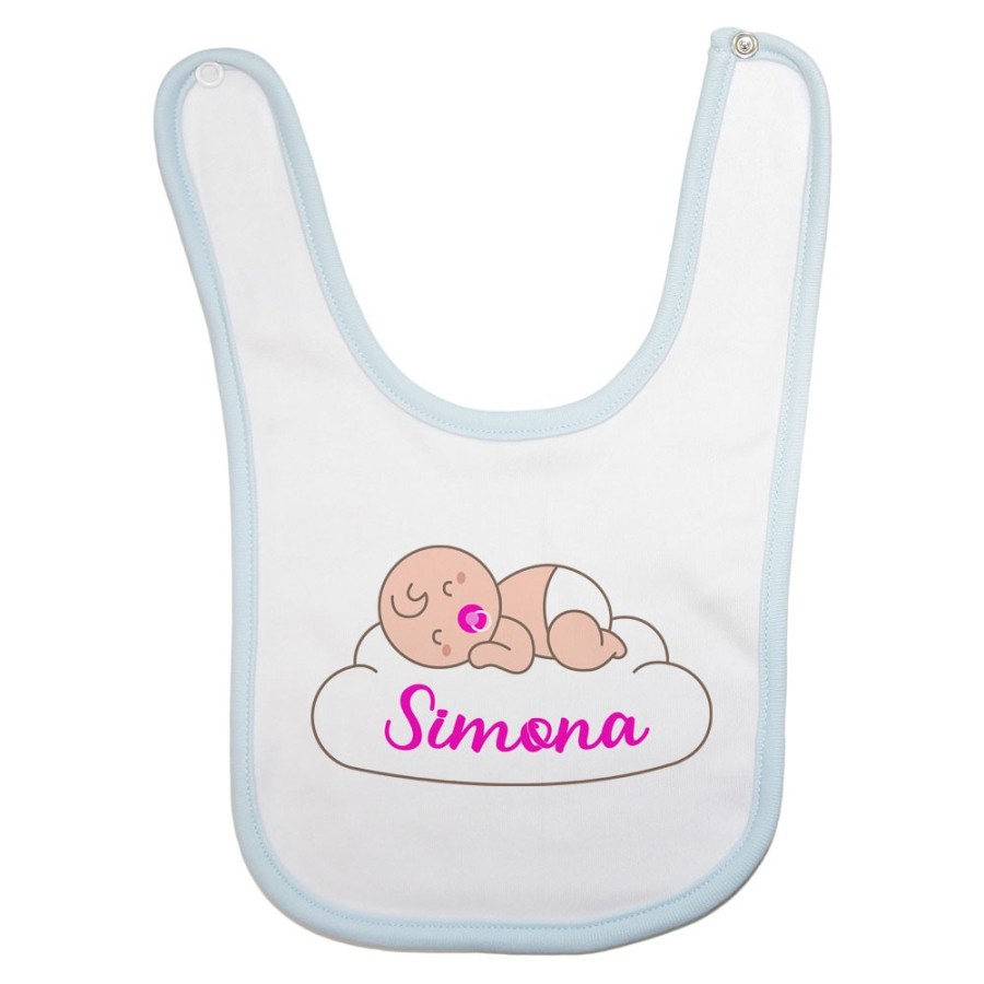 Bavaglino neonato personalizzato con nome bimbo che dorme sulla nuvola Divertenti