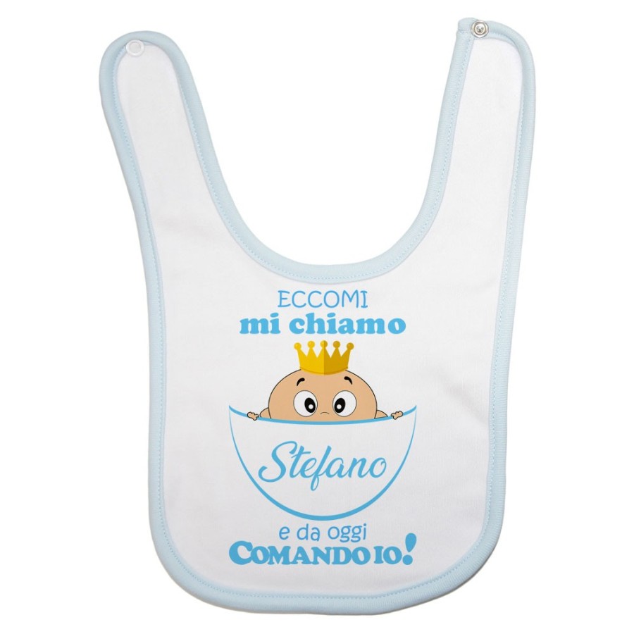 Bavaglino neonato personalizzato con nome eccomi da oggi comando io Divertenti