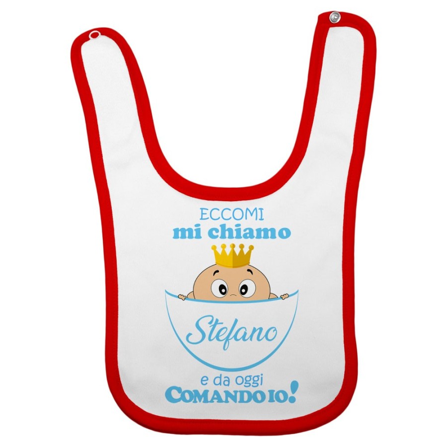 Bavaglino neonato personalizzato con nome eccomi da oggi comando io Divertenti