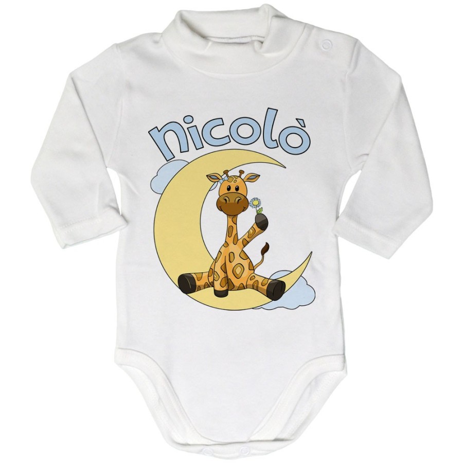 Body lupetto neonato personalizzato con nome giraffa sulla luna Divertenti