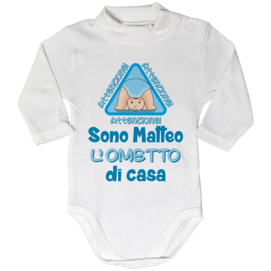 Body lupetto neonato personalizzato con nome attenzione sono l'ometto di casa Divertenti