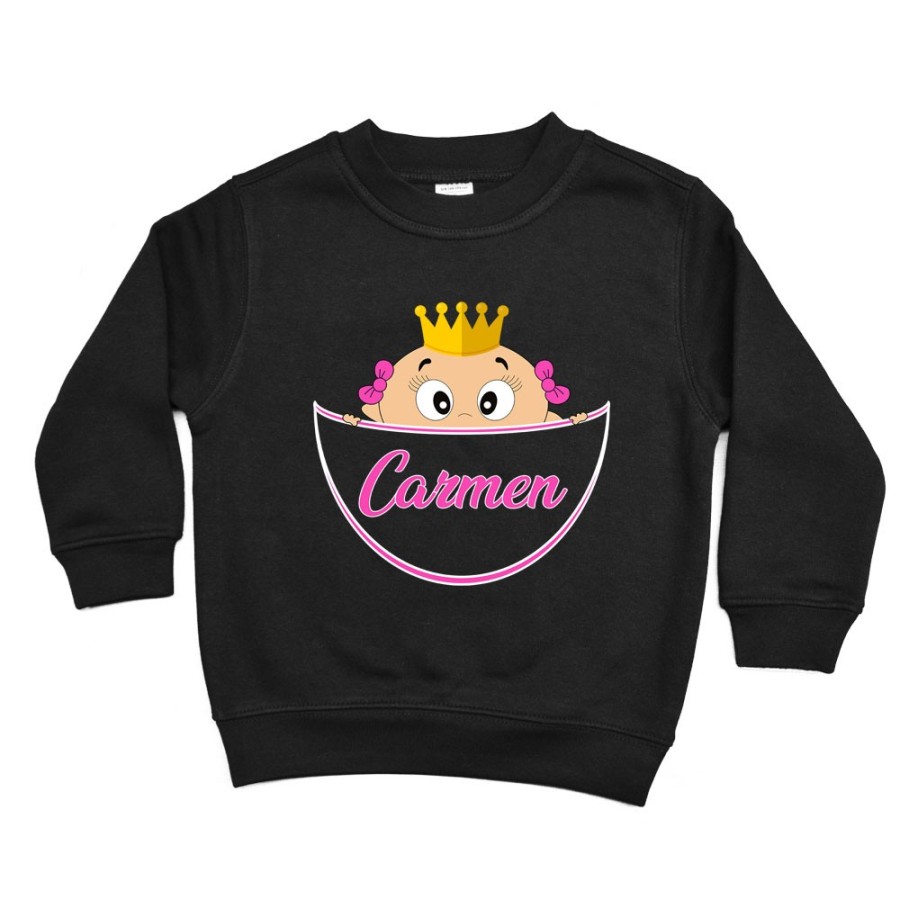 Felpa bambino personalizzata con nome bimbo bimba con la corona esce dalla tasca Divertenti