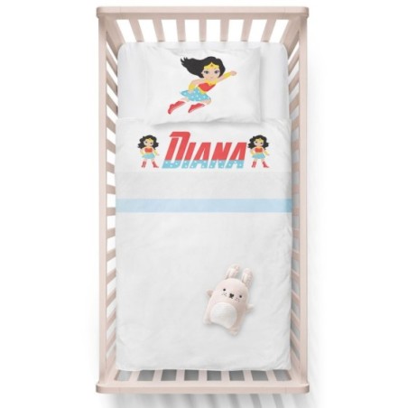 Lenzuola culletta e carrozzina personalizzata con nome baby wonder woman Cartoon