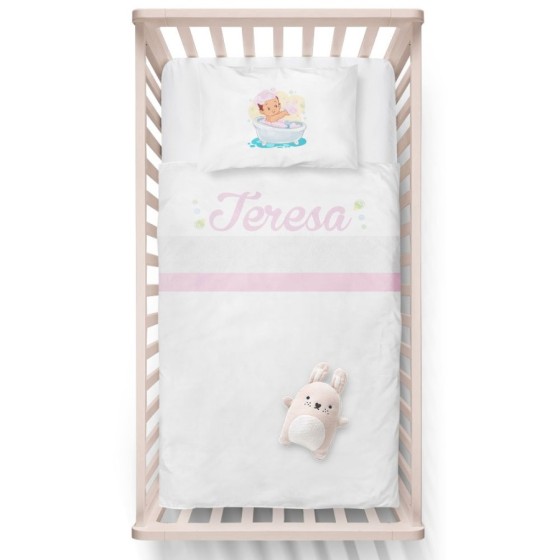 Lenzuola culletta e carrozzina neonata personalizzata con nome bimba nella vasca Divertenti