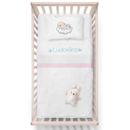 Lenzuola culletta e carrozzina personalizzata con nome bimbo bimba sulla nuvola Divertenti