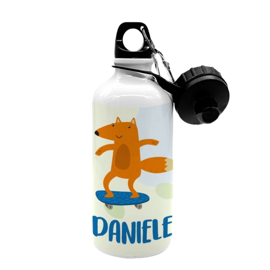 Borraccia personalizzata con nome volpe sullo skateboard Animali