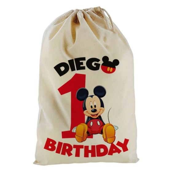 Sacchetto nascita bimbo personalizzato con nome festa a tema topolino seduto Compleanno