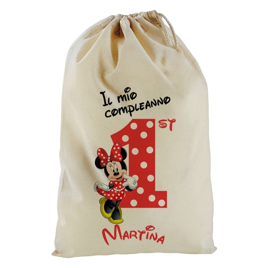 Sacchetto nascita bimbo personalizzato con nome festa a tema minnie con pois Compleanno