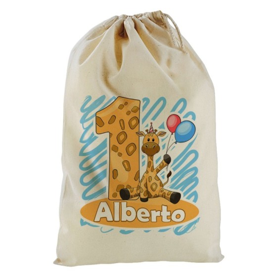 Sacchetto nascita bimbo personalizzato con nome festa a tema giraffa con palloncini Compleanno