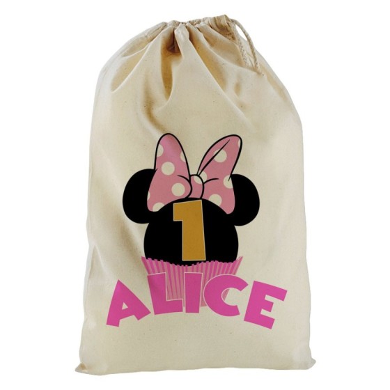 Sacchetto nascita bimbo personalizzato con nome festa a tema minnie cupcake Compleanno