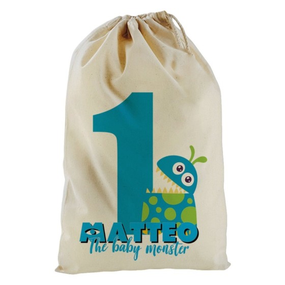 Sacchetto nascita bimbo personalizzato con nome festa a tema monster e co Compleanno