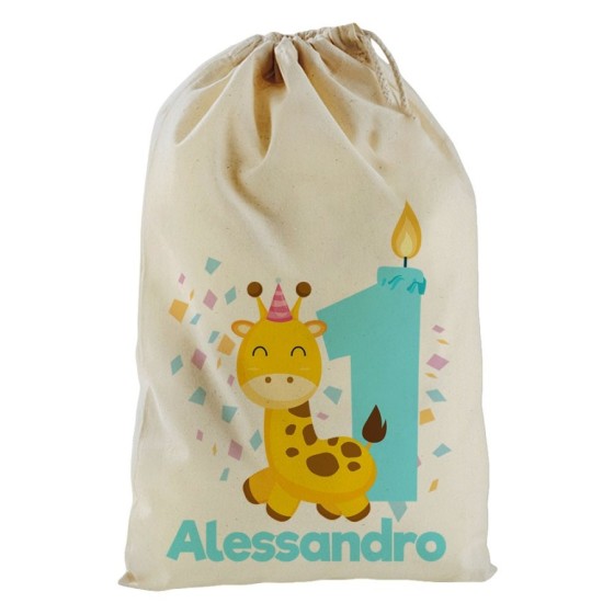 Sacchetto nascita bimbo personalizzato con nome festa a tema giraffa e coriandoli Compleanno
