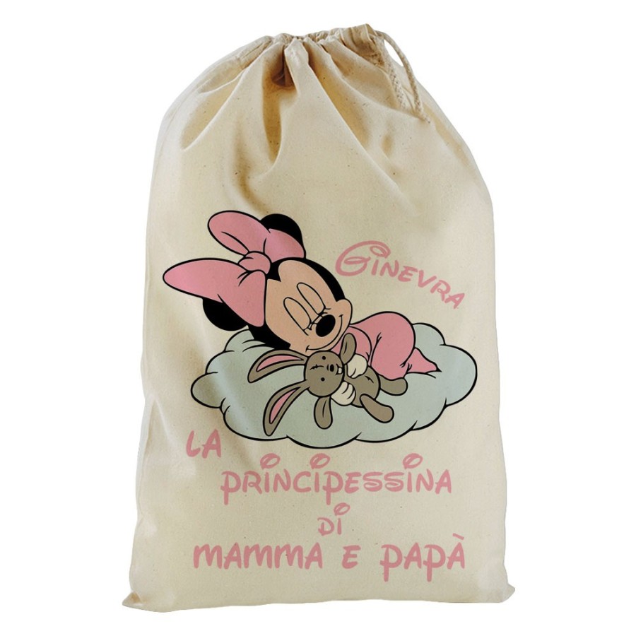 Sacchetto nascita bimba personalizzato con nome baby minnie principessina di mamma e papà Cartoon