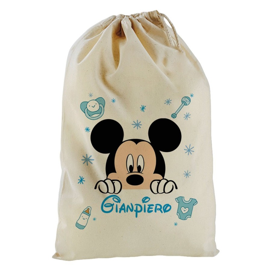 Sacchetto nascita bimbo personalizzato con nome topolino che esce dalla tasca Cartoon