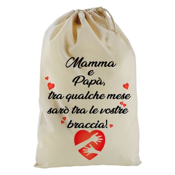 Sacchetto nascita bimbo mamma e papà tra qualche mese sarò tra le vostre braccia Per la famiglia