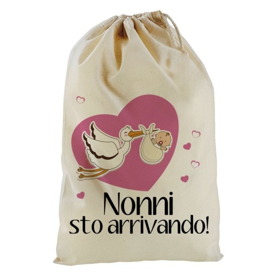Sacchetto nascita bimba nonno nonni sto arrivando con cicogna e cuoricini Per i nonni