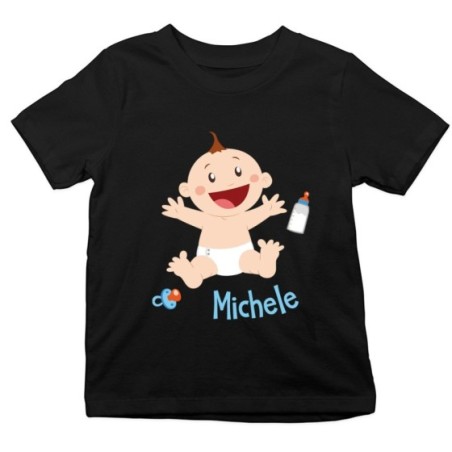 T-shirt bambino personalizzata con nome bimbo con ciuccio e biberon Divertenti