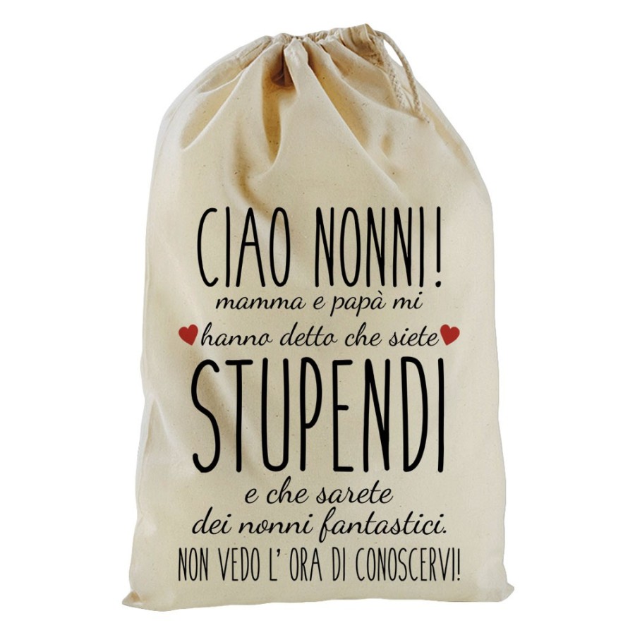 Sacchetto nascita nonni mamma papà mi hanno detto che siete stupendi non vedo l'ora di conoscervi Per i nonni