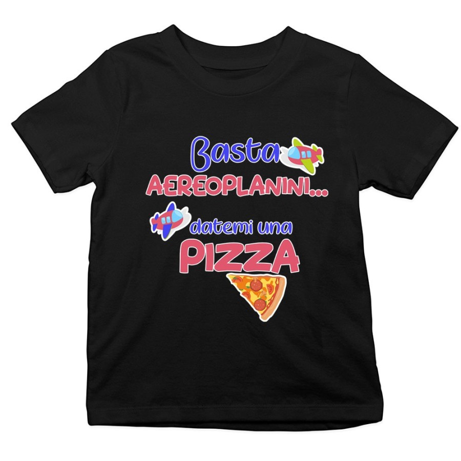 T-shirt bambino basta aeroplanini datemi una pizza Divertenti