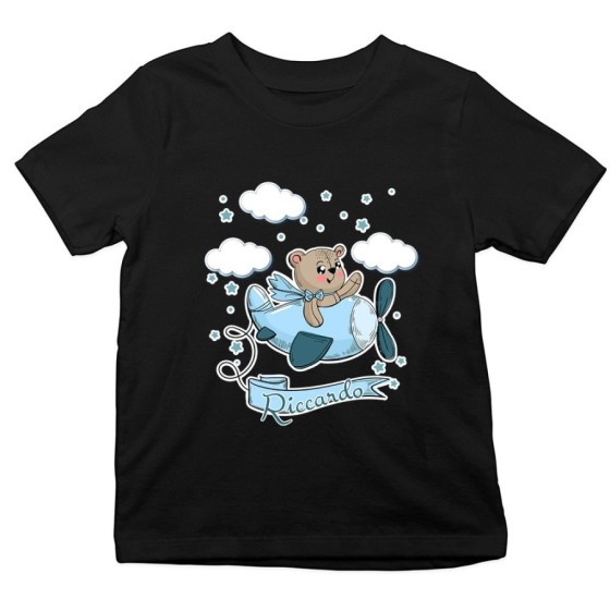 T-shirt bambino personalizzata con nome orsetto sull'aereo Divertenti