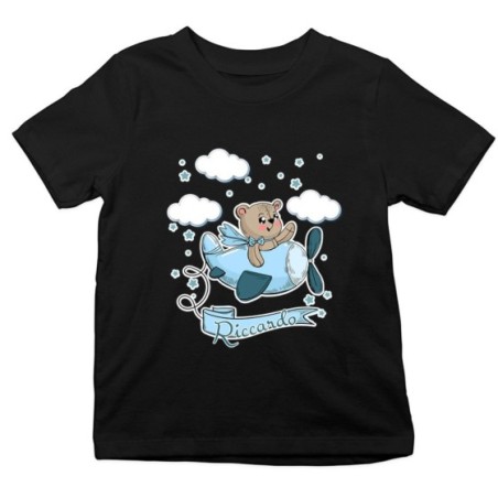 T-shirt bambino personalizzata con nome orsetto sull'aereo